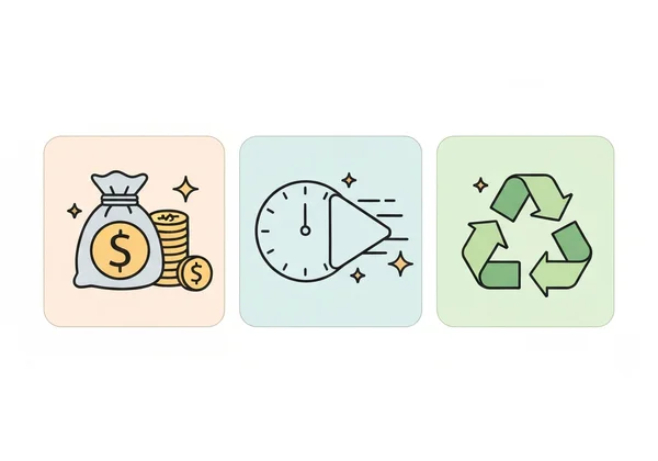 Icons representing digital invitation benefits: savings, speed, eco