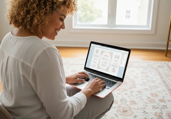 Person joyfully designing a baby shower invitation online easily.