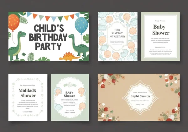 A collage of various party invitation cards for different events