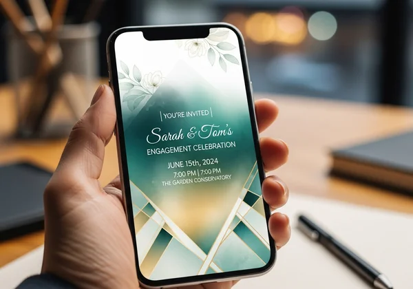 Hand holding phone showing AI-generated digital invitation