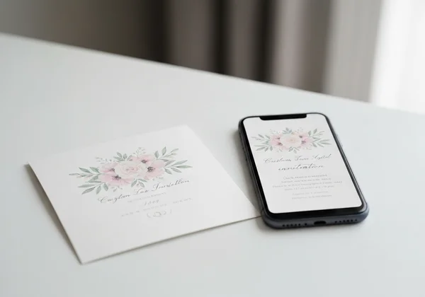 Digital invite on phone and printed invitation card