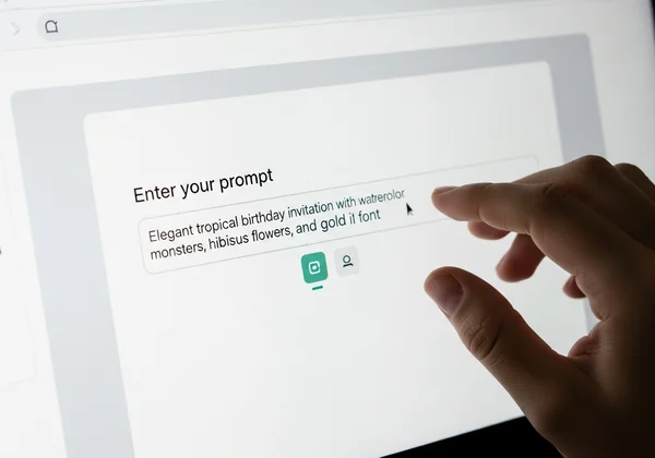 Typing an AI prompt for party invitation design