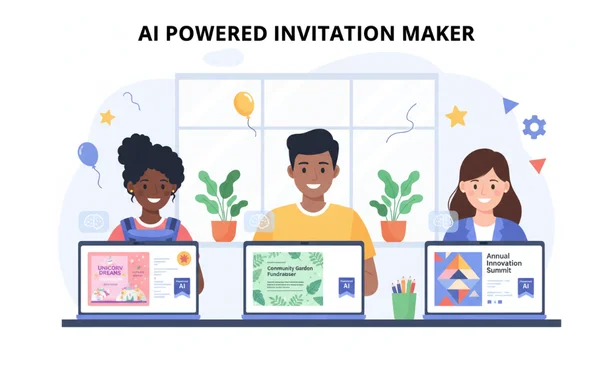 Diverse people using AI invitation maker on screens